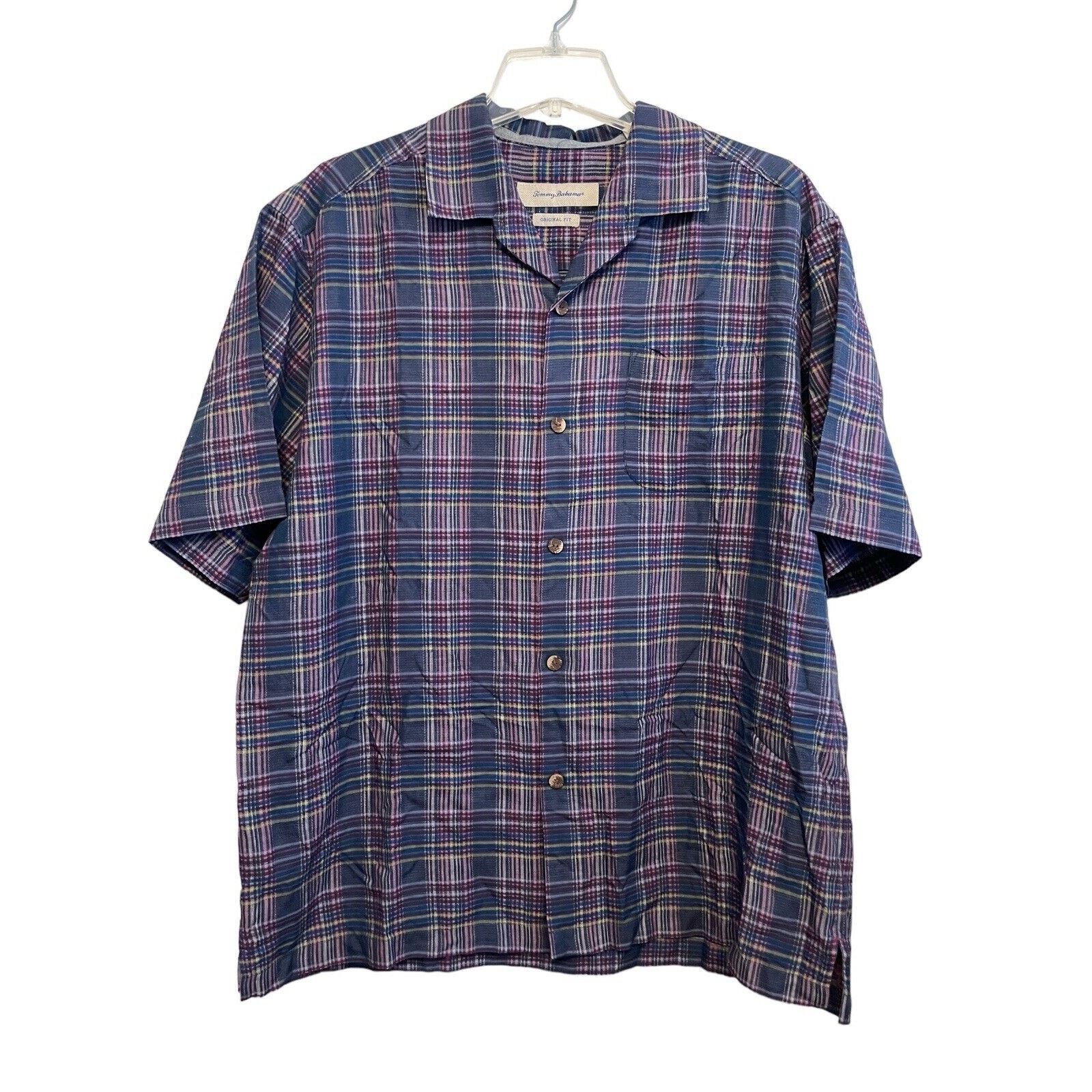 Tommy Bahama 100% Silk Short Sleeve Button Up Shirt Men Size Large Plaid Blue